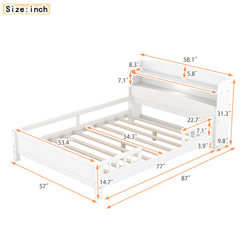 Cama de plataforma de madera tamaño completo con luz LED incorporada, cabecero con espacio de almacenamiento y barandilla, color blanco