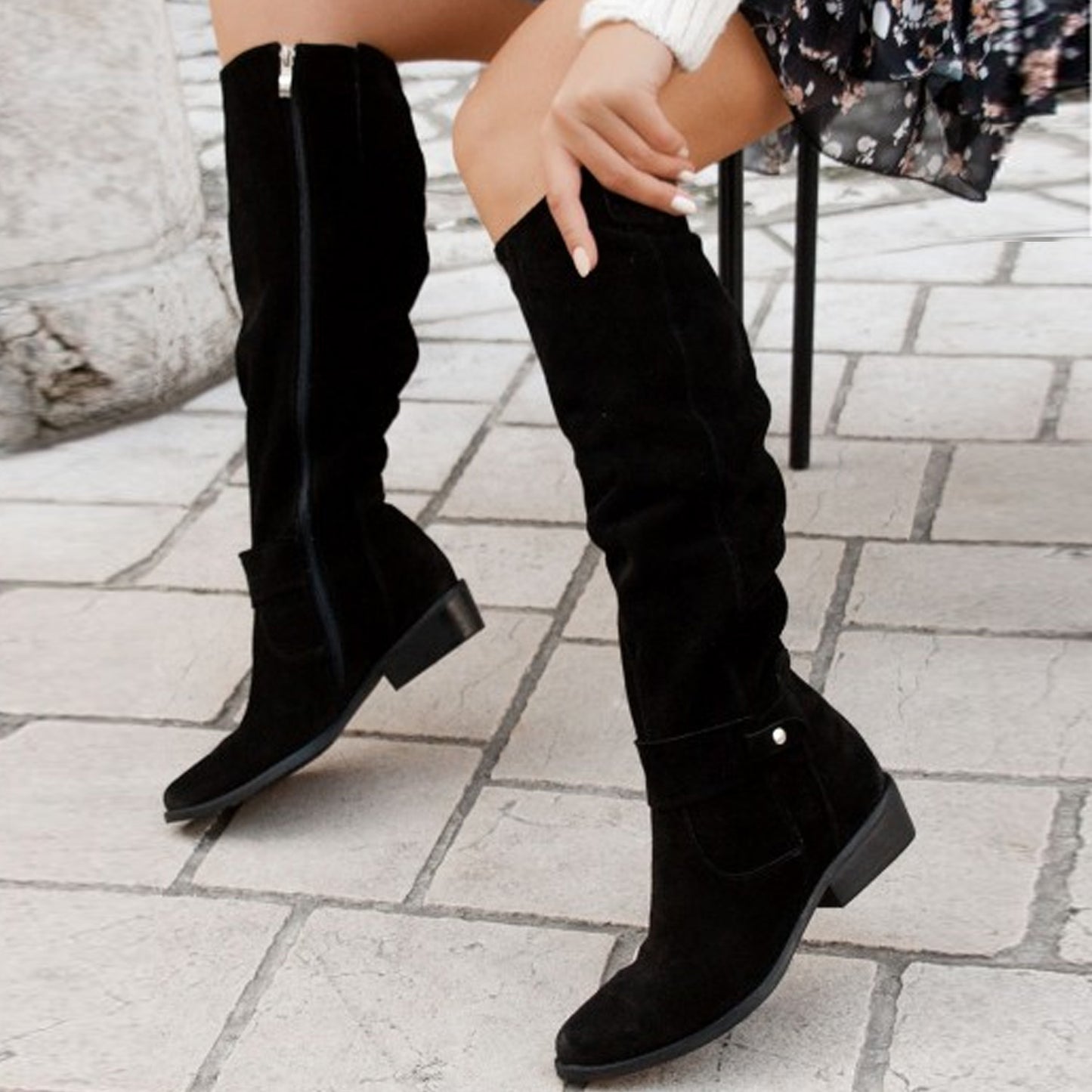 Botas altas de ante con cremallera lateral y tacón bajo para mujer, otoño e invierno