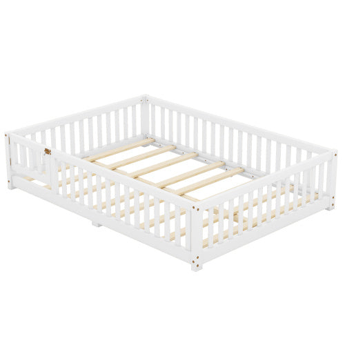 Cama de tamaño completo con barandillas de seguridad y puerta para niños, color blanco
