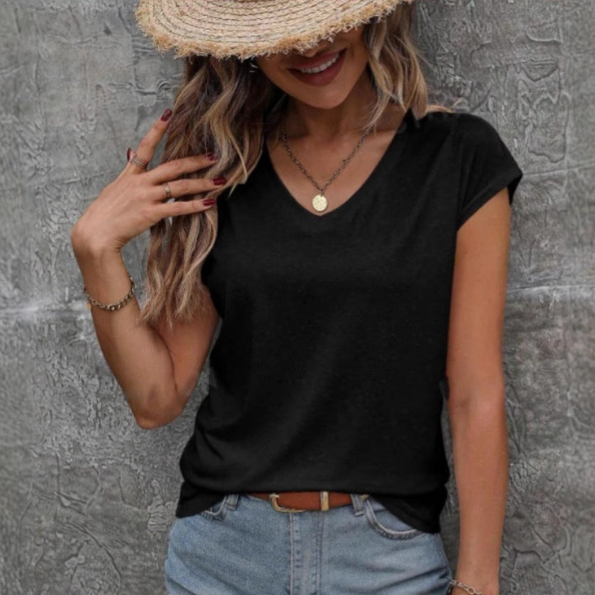 Women's Solid Color And V-neck Short Sleeve Loose