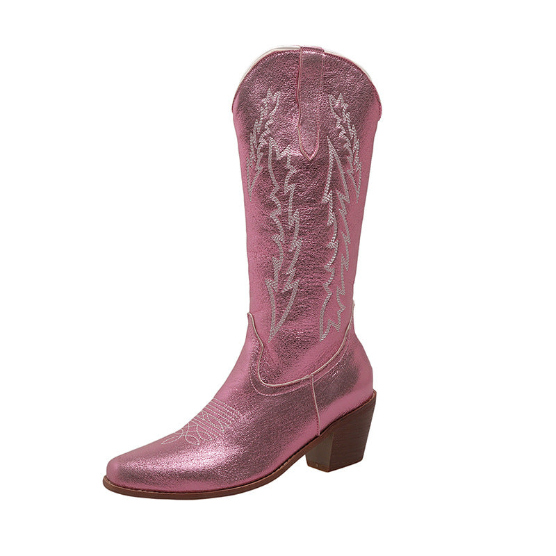 Botas de caballero con punta fluorescente y tacón grueso hasta media pantorrilla para mujer europea y americana