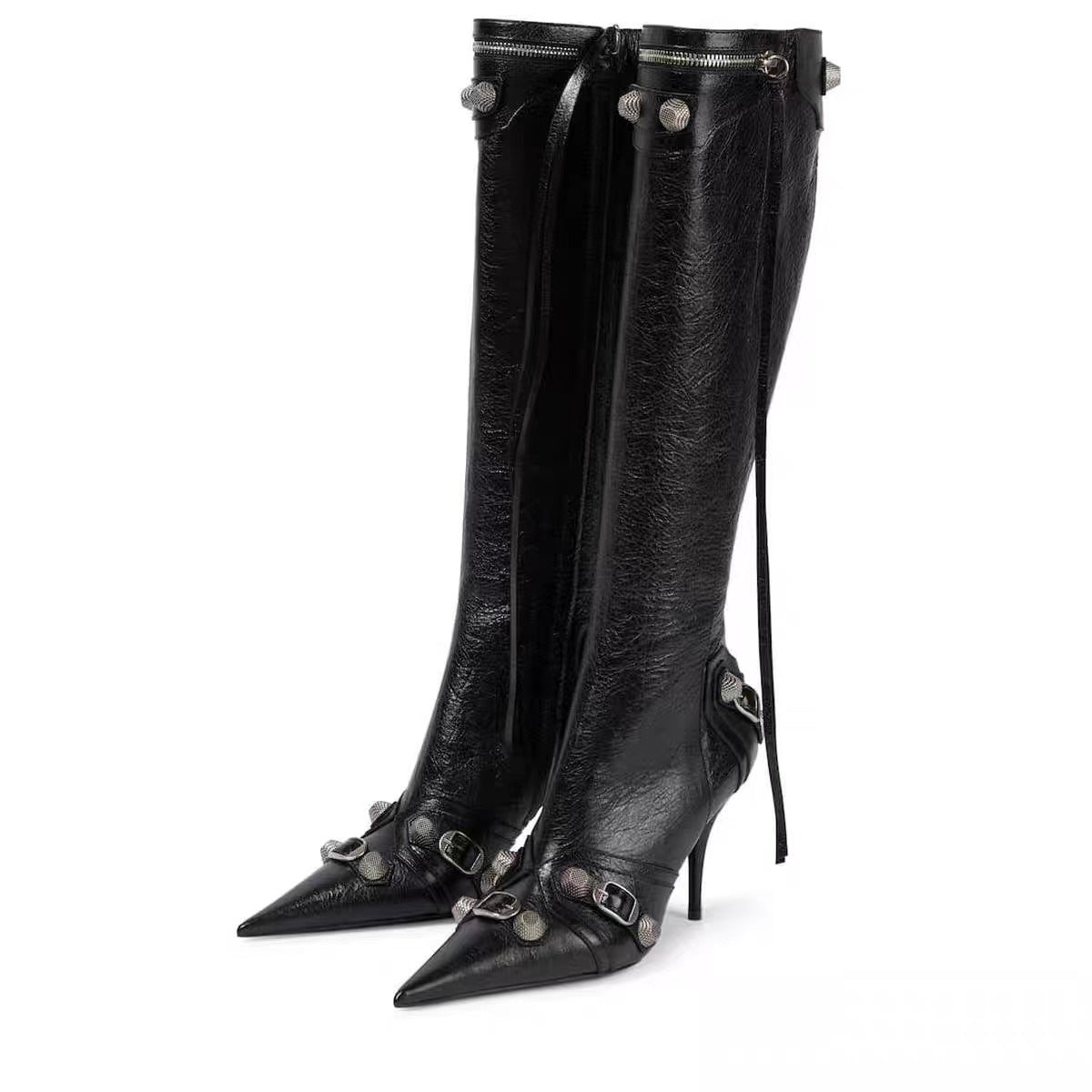 Botas de motociclista de pasarela para mujer, estilo europeo y americano, con punta puntiaguda y tacón de aguja y remaches metálicos.
