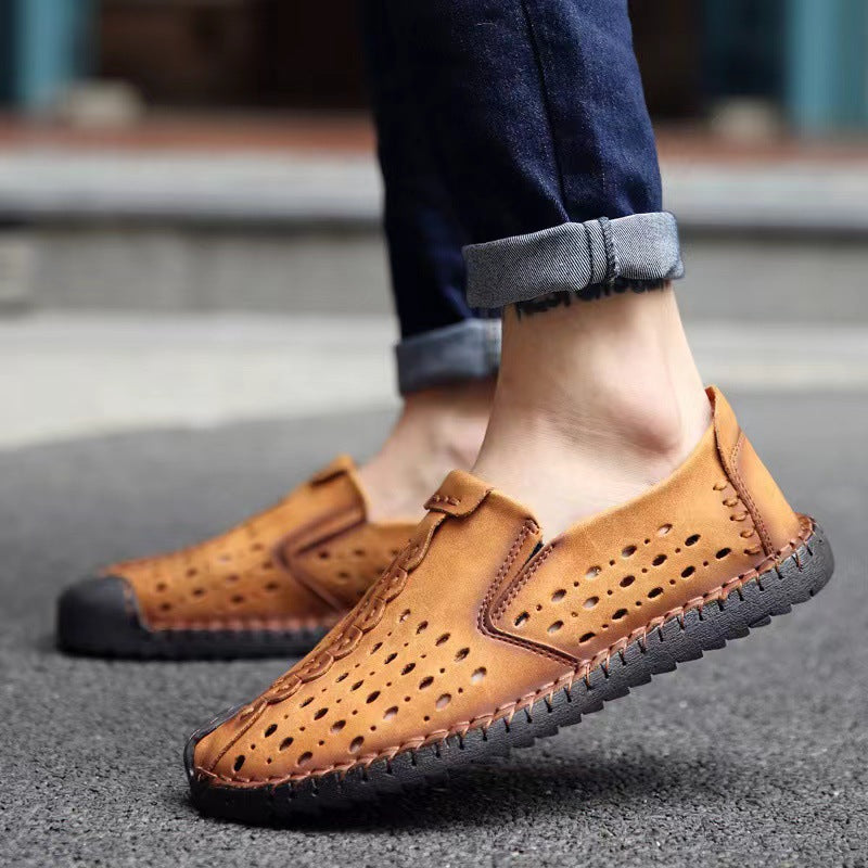 Zapatos de hombre transpirables y huecos con costuras a mano Gommino