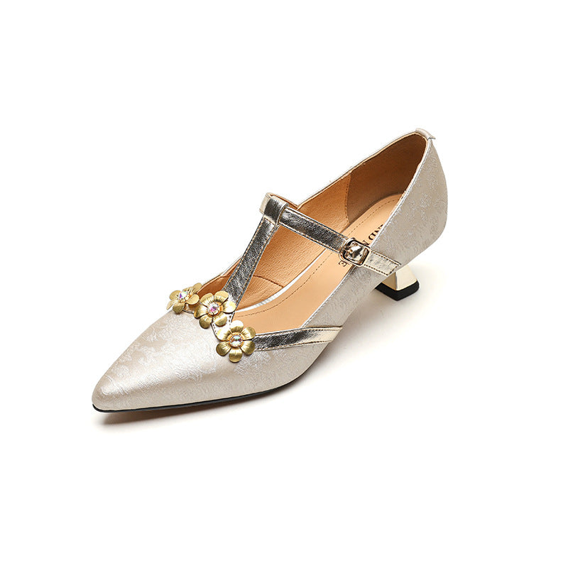 Stiletto Heel T-shaped Flower Leather Pointed High Heel Shoes