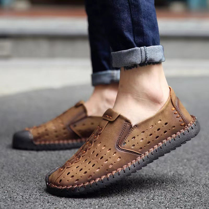 Zapatos de hombre transpirables y huecos con costuras a mano Gommino