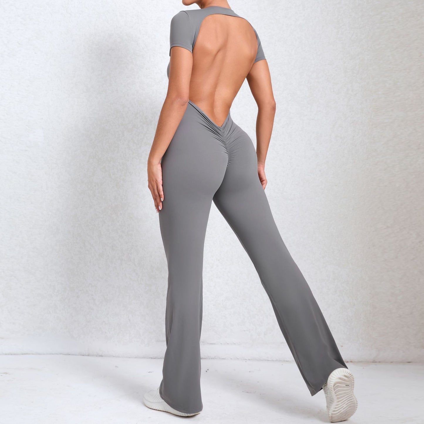 Mono deportivo de fitness para yoga, exterior, de manga corta y espalda descubierta con tacto nude