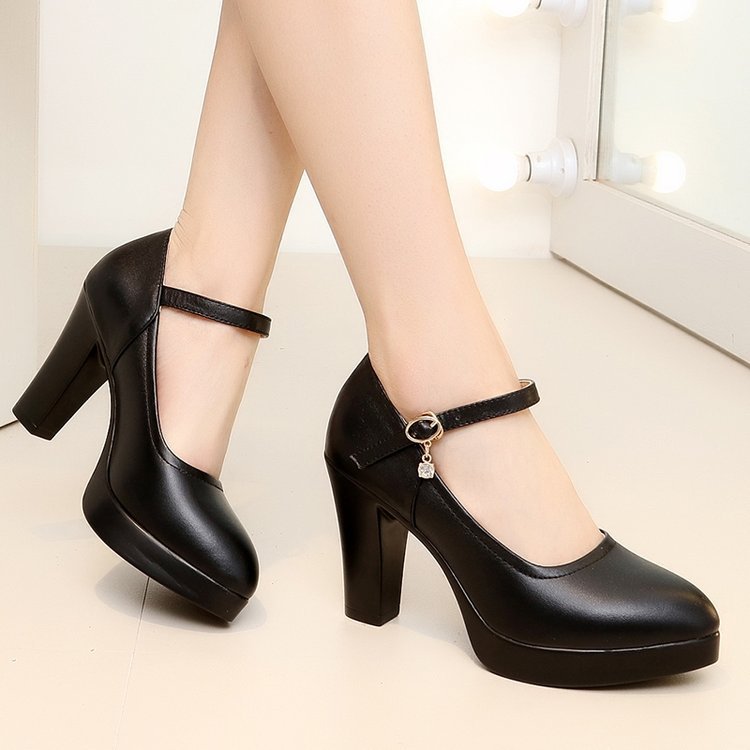 Tacones altos con hebilla y tacón grueso de punta redonda informales para mujer