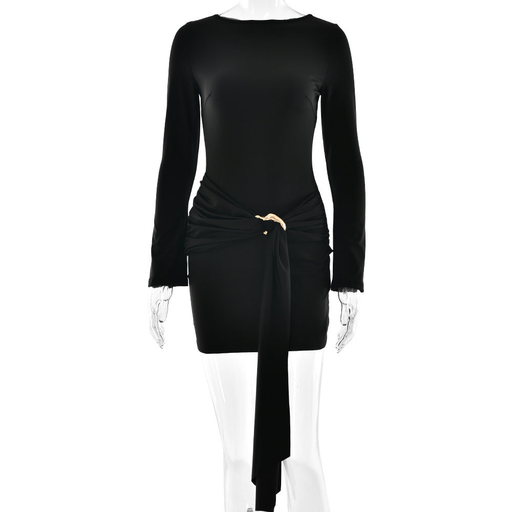 Vestido ajustado de manga larga con cuello redondo y temperamento otoñal para mujer