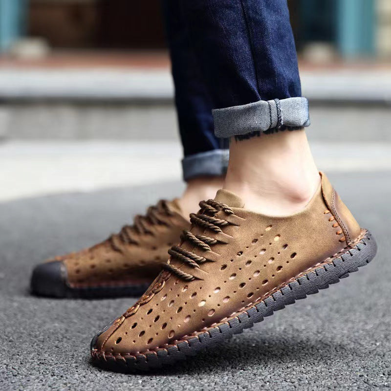 Zapatos de hombre transpirables y huecos con costuras a mano Gommino