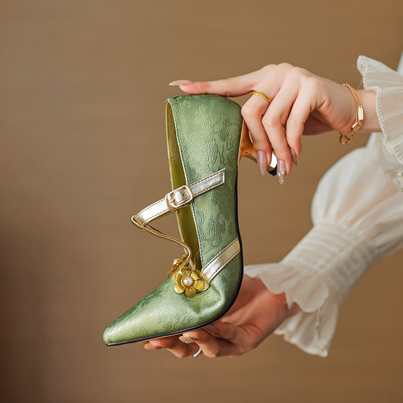 Stiletto Heel T-shaped Flower Leather Pointed High Heel Shoes