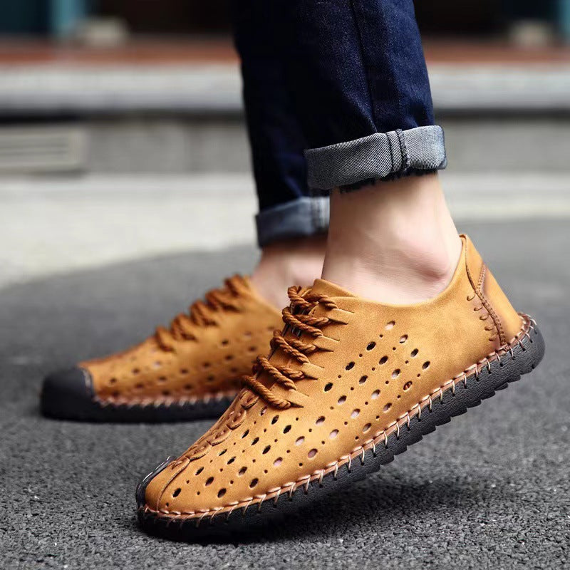 Zapatos de hombre transpirables y huecos con costuras a mano Gommino