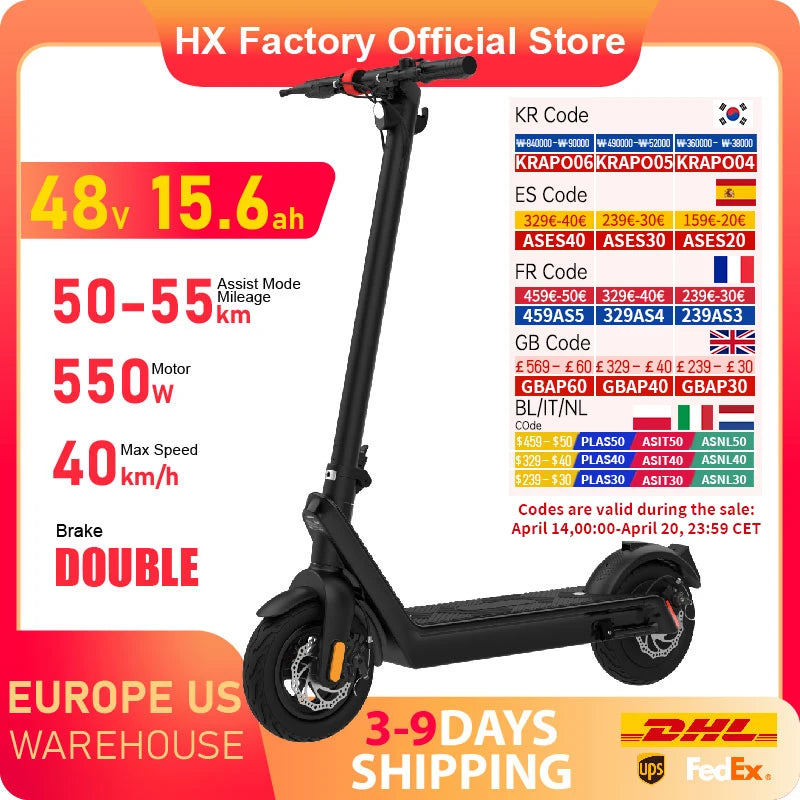 HX X9 Adult Electric Scooter 15.6AH 550W 48V 40KM/H Foldable Electric Kick Scooter 10 Inch E Scooter Electric Skateboard