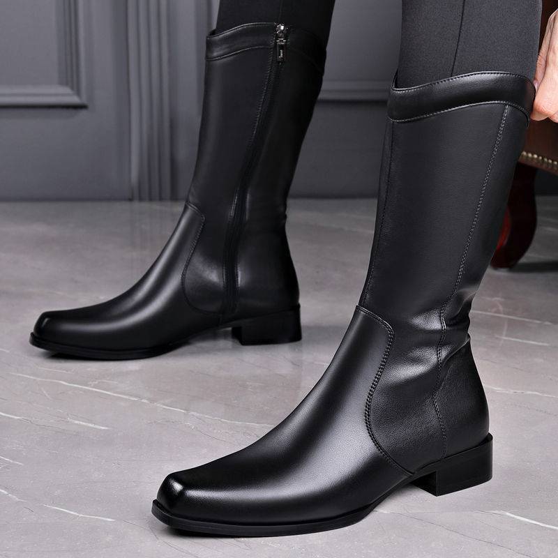 Botas de cuero de caña alta de negocios con punta puntiaguda para hombre