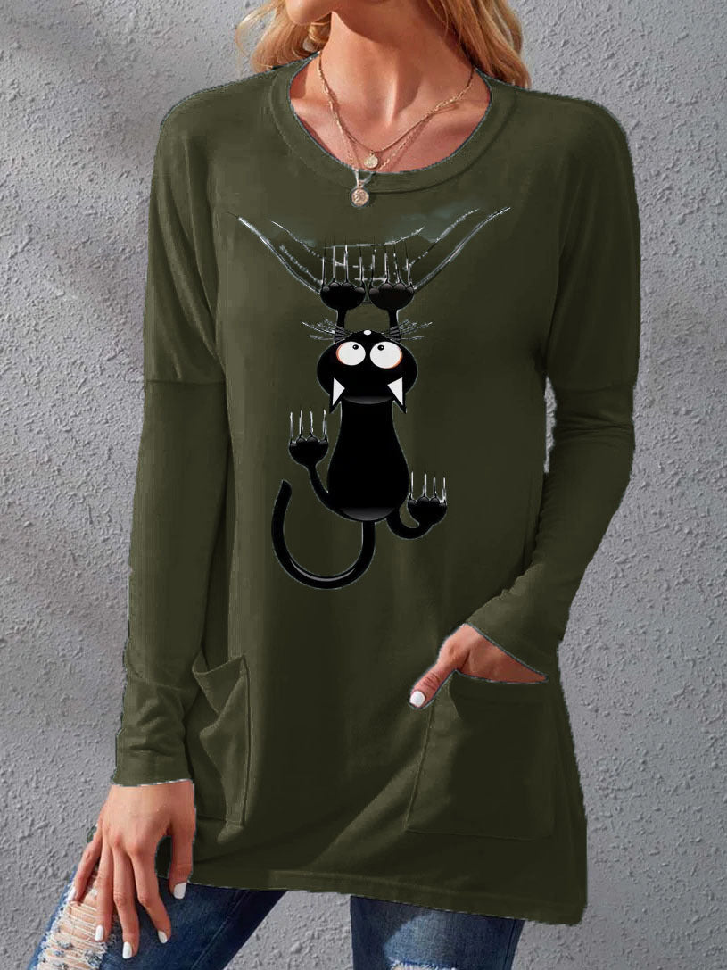 Women's Pocket Round Neck T-shirt Printed Loose Long Sleeve Dress