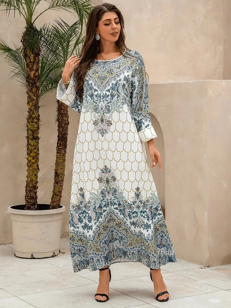 Abaya Yahua con estampado floral para mujer: vestido de manga larga y estilo regular