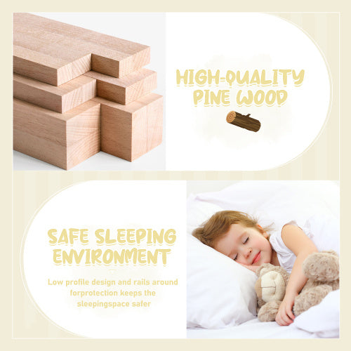 Cama Queen Size con base de suelo y barandillas de seguridad para niños, color blanco