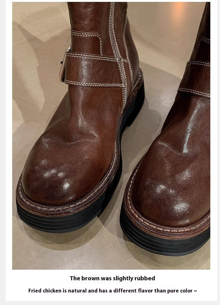 Botas de piel lavada con tacón grueso y punta redonda para mujer