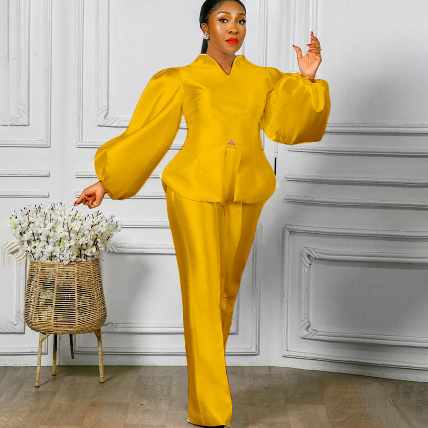 Women's Fashion Solid Color Puff Sleeve Top Wide Leg Pants Two-piece Set