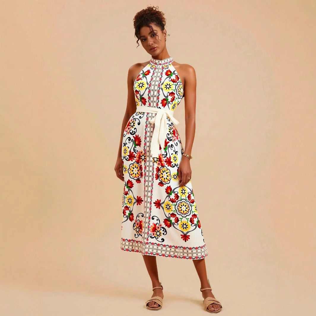 Women's Floral Print Lace-up Sleeveless Mid-length Dress