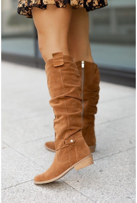 Botas altas de ante con cremallera lateral y tacón bajo para mujer, otoño e invierno