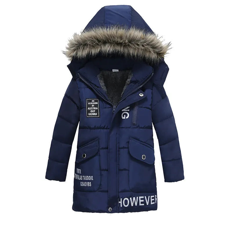 Chaqueta de algodón cálida acolchada con cuello de piel grande para niños