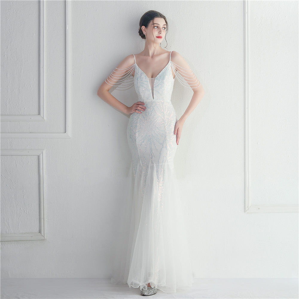 Vestido de noche largo camisola de malla con cuentas para novias y cenas de boda