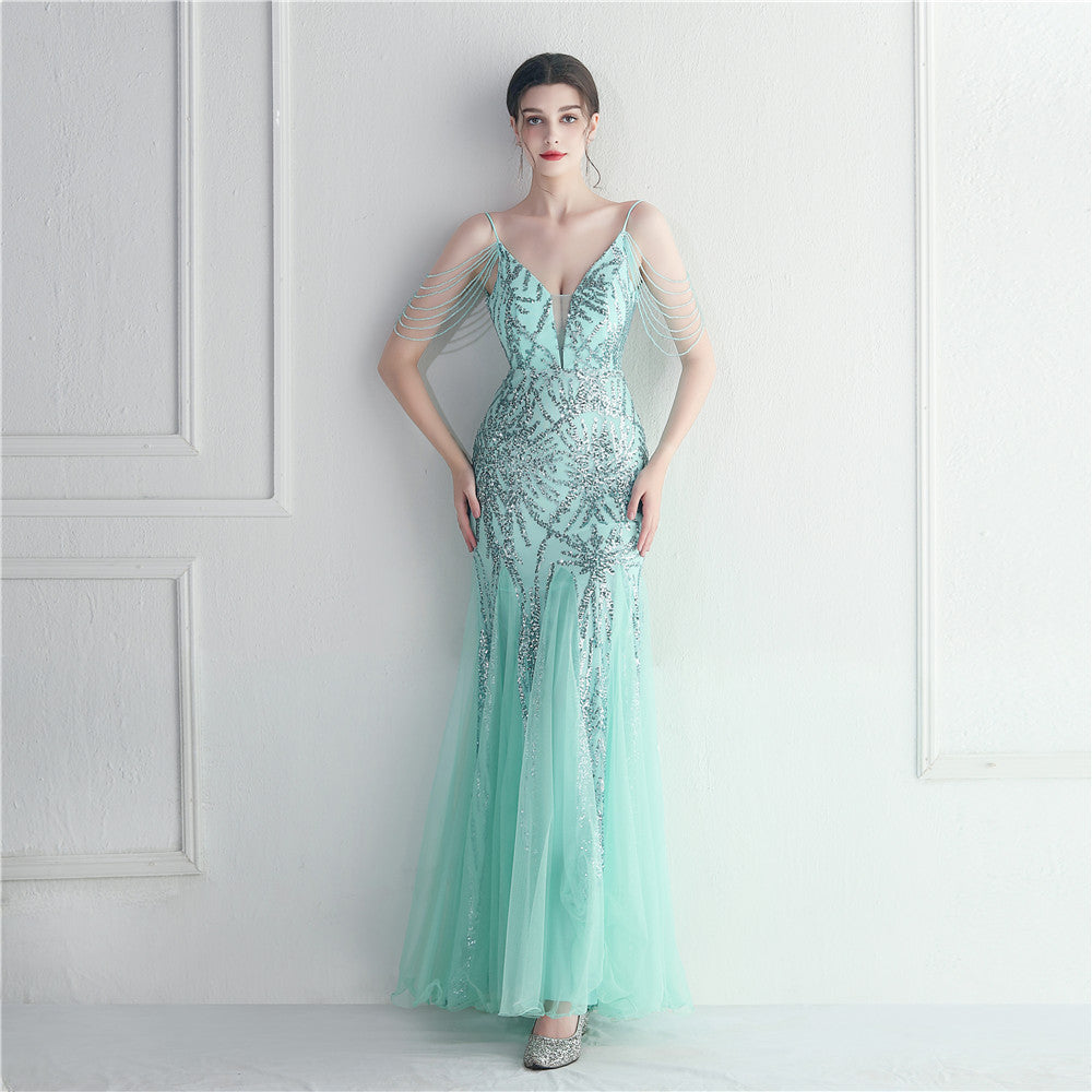 Vestido de noche largo camisola de malla con cuentas para novias y cenas de boda