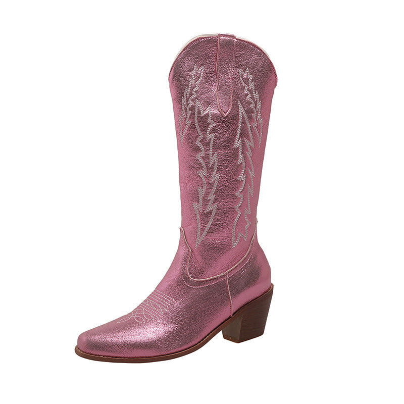 Botas de caballero con punta fluorescente y tacón grueso hasta media pantorrilla para mujer europea y americana