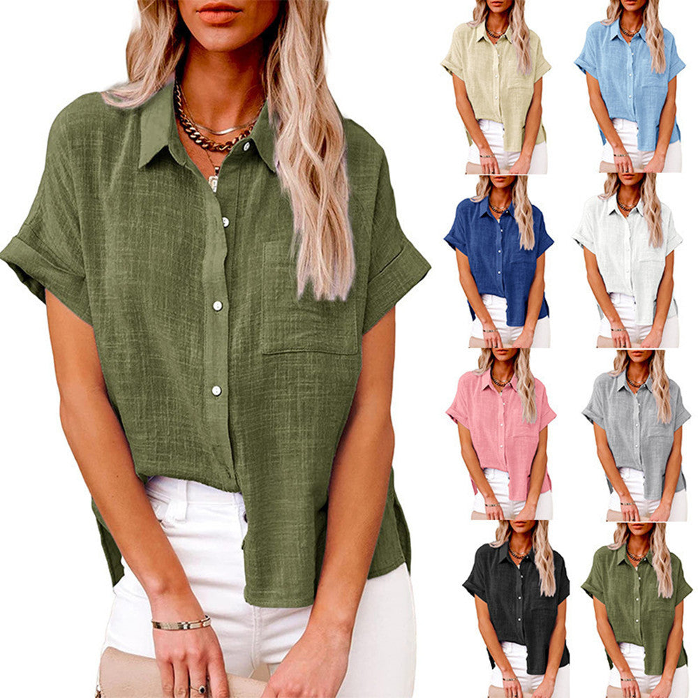 Camisa de manga corta con solapa de verano y bolsillos, moda informal, color liso, con botones, ropa para mujer