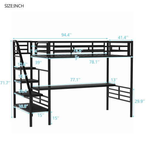 Cama alta de metal con escritorio, sin somier, tamaño individual, color negro