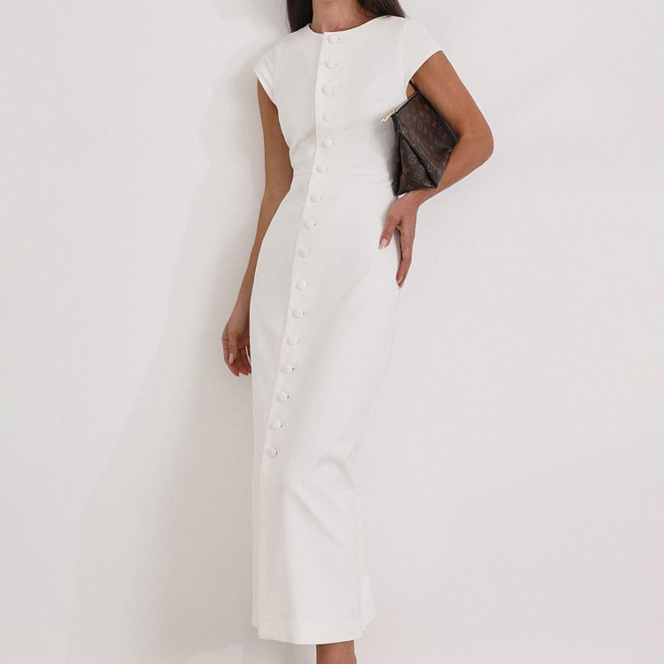 Waist-tight Single-breasted White Sheath Round Neck Flying Sleeves Dress