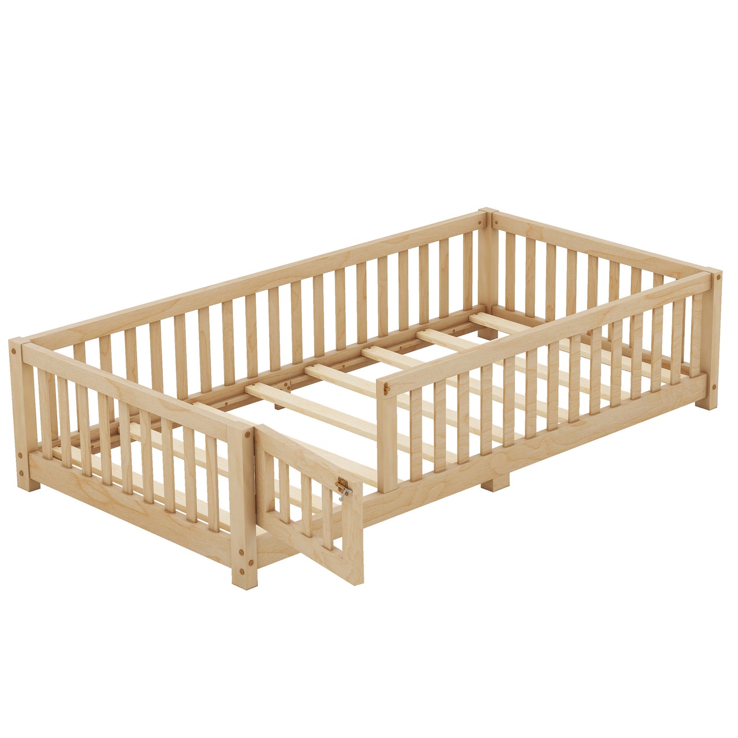 Twin Size Bed Floor Bed With Safety Guardrails And Door For Kids, Natural