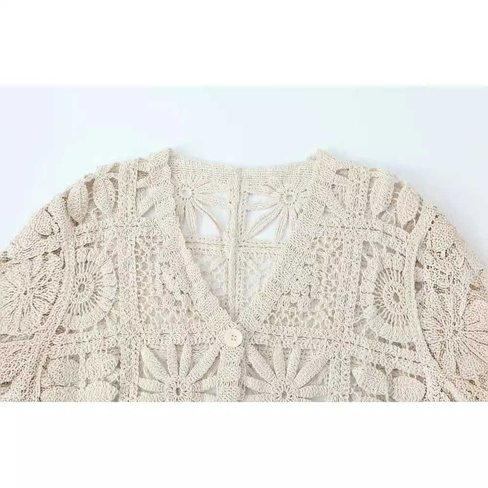 Women's Fashion Three-dimensional Hollow-out Crocheted V-neck Knitted Cardigan Wide-leg Lace Pants
