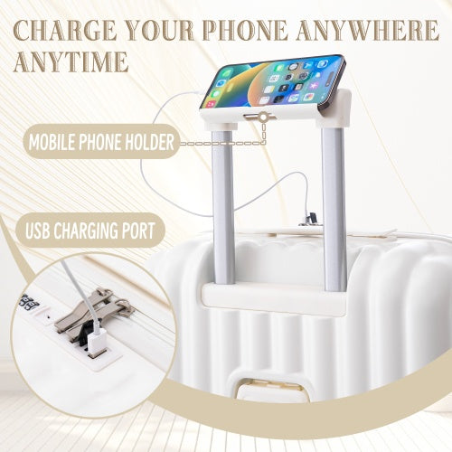 ABS Spinner Wheel Luggage Carry On Suitcase With Cup Holder USB Port Phone Holder 20 24 28
