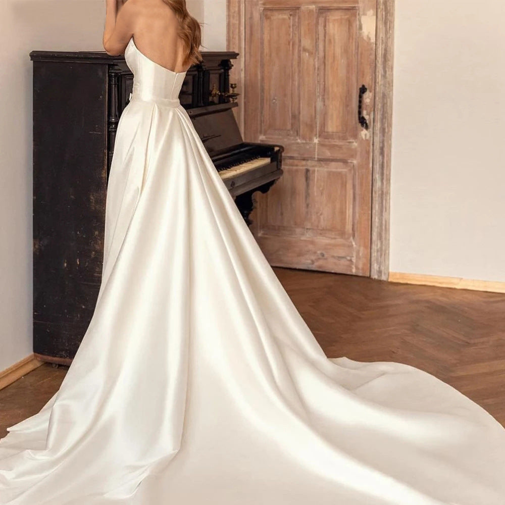 Vestido tubo de satén sexy sin espalda, cintura alta, adelgazante, con cola y desmontable en dos direcciones