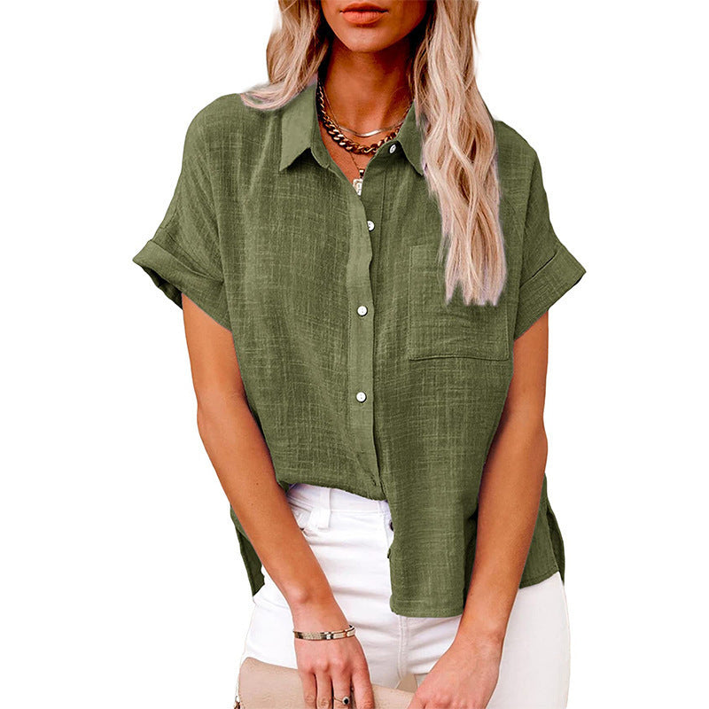 Camisa de manga corta con solapa de verano y bolsillos, moda informal, color liso, con botones, ropa para mujer