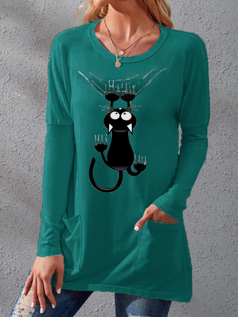 Women's Pocket Round Neck T-shirt Printed Loose Long Sleeve Dress