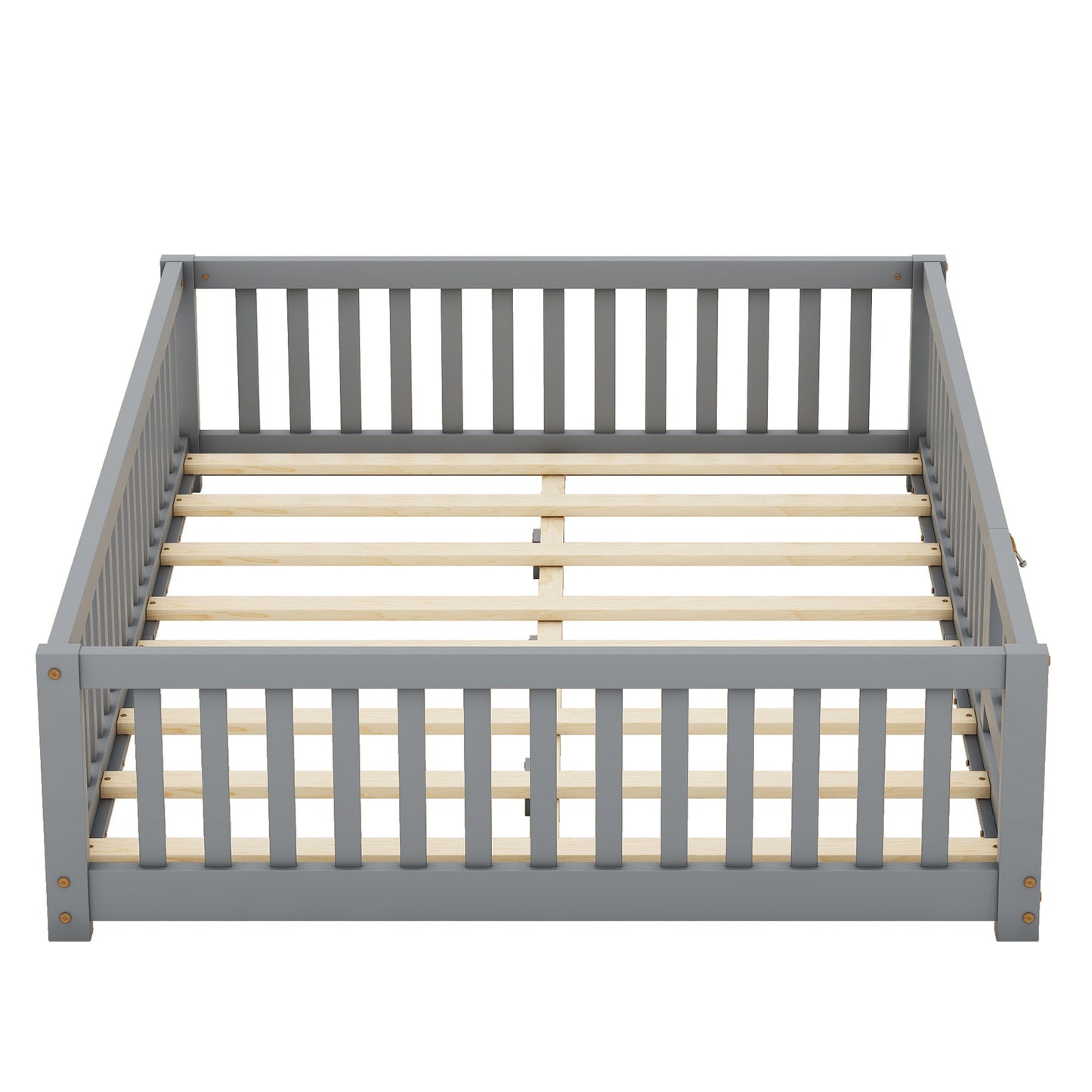 Cama de tamaño completo con barandillas de seguridad y puerta para niños, color gris