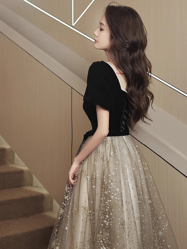 Vestido de noche negro, ligero y lujoso, de estilo francés para mujer.