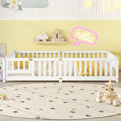 Cama Queen Size con base de suelo y barandillas de seguridad para niños, color blanco