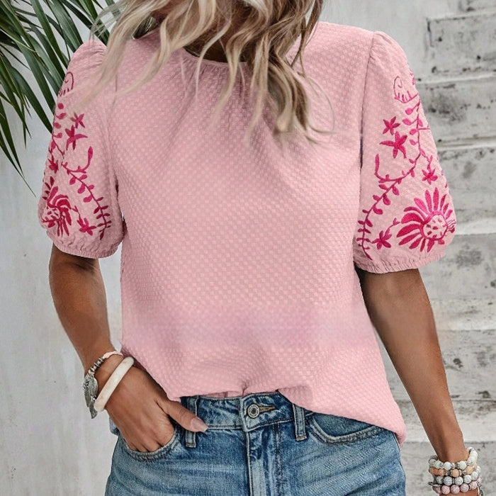 Women's SpringSummer Embroidered Crew Neck Bubble Short Sleeve Shirt Top