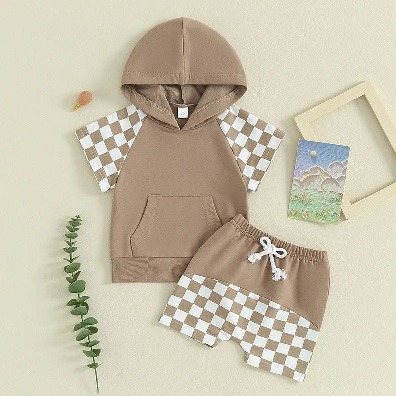 Traje de pantalones cortos y forro polar con capucha a cuadros para niños europeos y americanos de verano