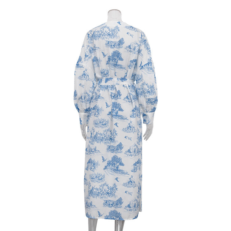 Vintage Ink Print Long Sleeve Cardigan Tied Dress