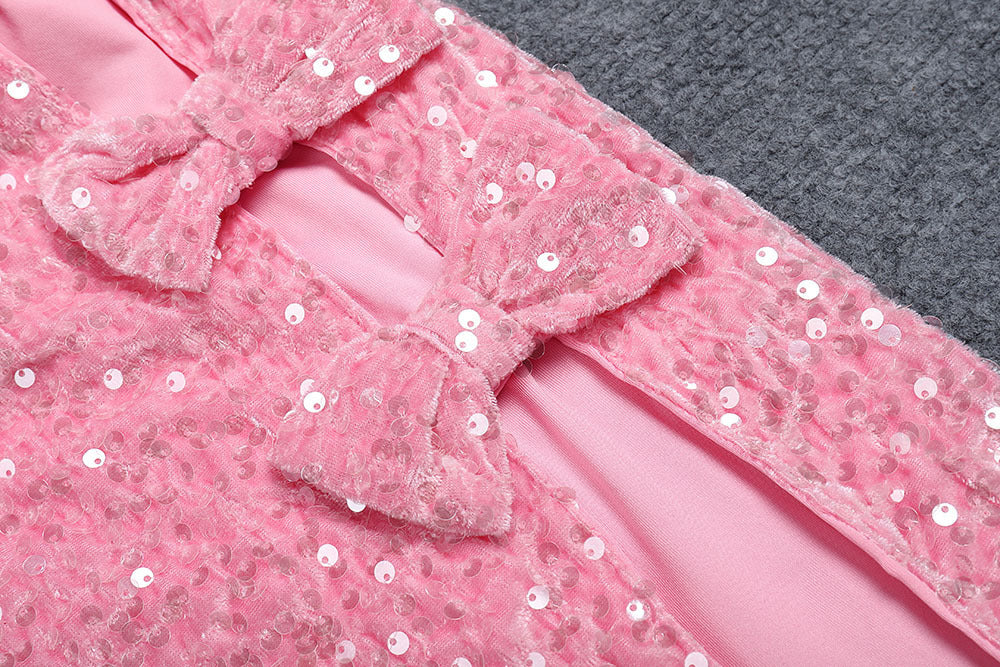 Vestido largo ajustado con hombros descubiertos y lentejuelas para mujer, con lazo y espalda descubierta