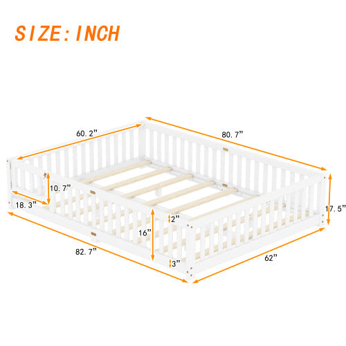 Cama Queen Size con base de suelo y barandillas de seguridad para niños, color blanco