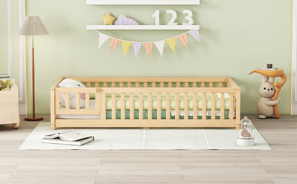 Twin Size Bed Floor Bed With Safety Guardrails And Door For Kids, Natural