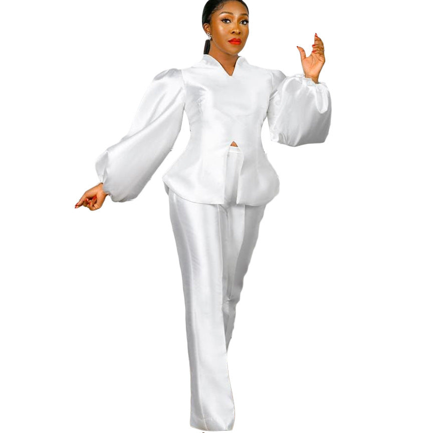 Women's Fashion Solid Color Puff Sleeve Top Wide Leg Pants Two-piece Set