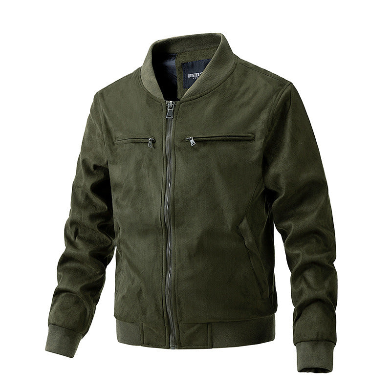 Chaqueta de ante con cuello alto para hombre Ropa con bolsillo con cremallera doble para hombre