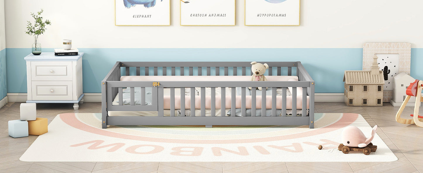 Cama de tamaño completo con barandillas de seguridad y puerta para niños, color gris