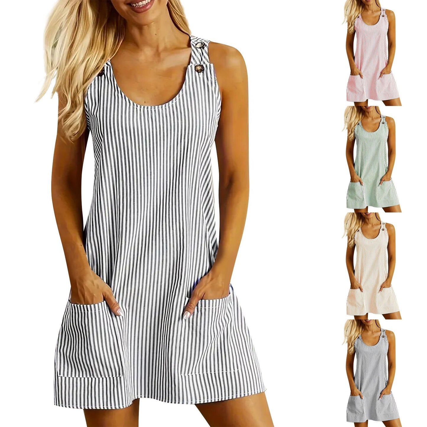 Vestido corto informal de verano a rayas con cuello en U, sin mangas, con bolsillos y botones en la espalda, recto y adelgazante para mujer